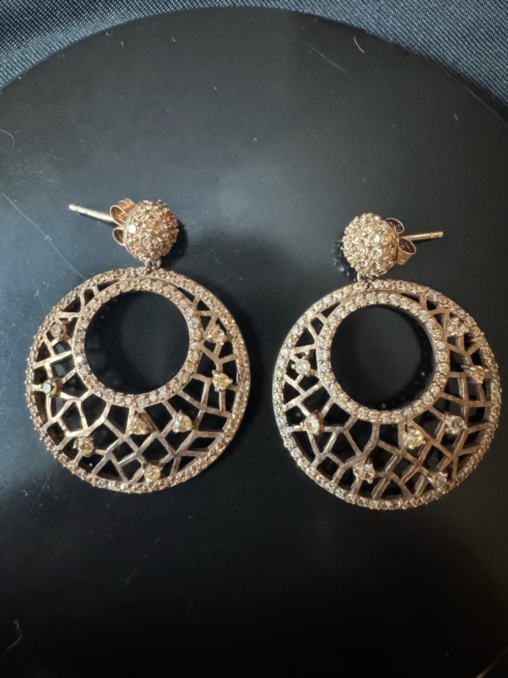 Sparkling Rose Gold Over Silver Filigree Hoop Drop Earrings